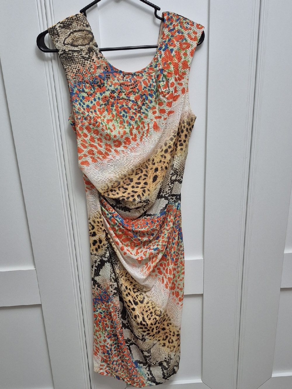 Alberto Makali Sleeveless Midi Dress in Coral, Tan & Black Animal Print